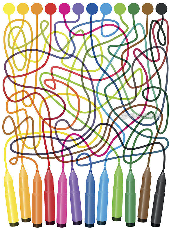 迷宫-用毛毡笔尖将彩色的点连接起来，找到正确的方式将缠结的彩色线连接到记号笔上。但请注意，线条的颜色在变化。