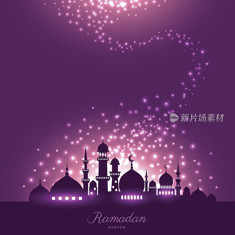 清真寺剪影在夜空和伊斯兰斋月的魔法光