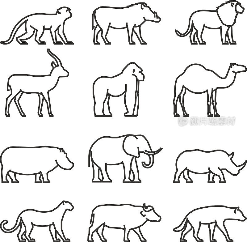 现代矢量集轮廓非洲动物。