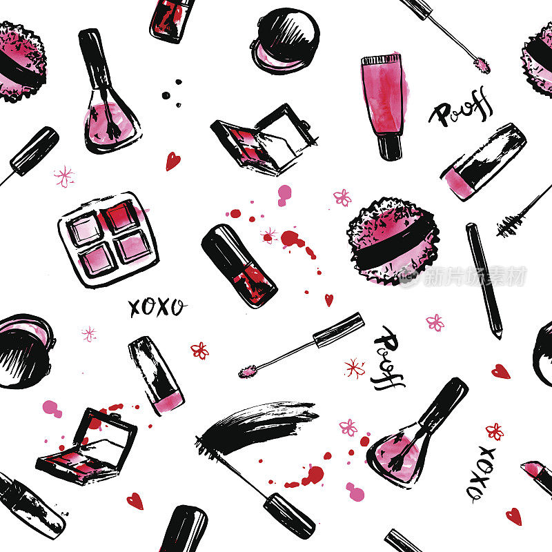 手工绘制无缝图案。时尚风格的化妆品，包括指甲油，口红，睫毛膏，刷子，唇彩。粉色和黑色
