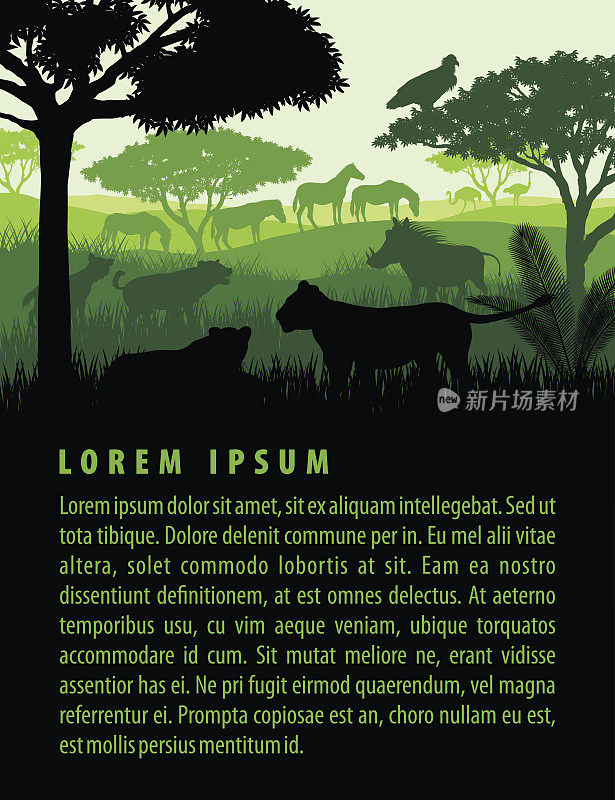 矢量插图的非洲草原野生动物的野生动物的轮廓在日落设计模板景观