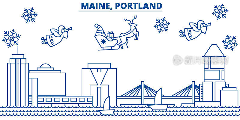 美国缅因州波特兰冬季城市天际线。圣诞快乐，新年快乐的横幅装饰。冬天的贺卡上有雪花和圣诞老人。平,行向量。线性圣诞插图