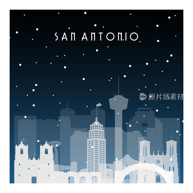 圣安东尼奥的冬夜。夜间城市在平面风格的横幅，海报，插图，背景。