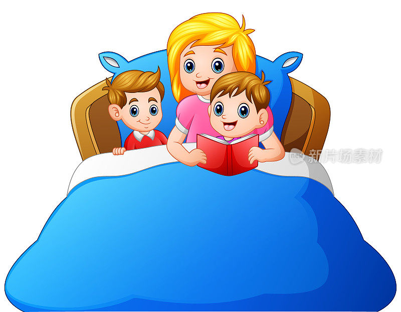 卡通妈妈在床上给孩子读睡前故事