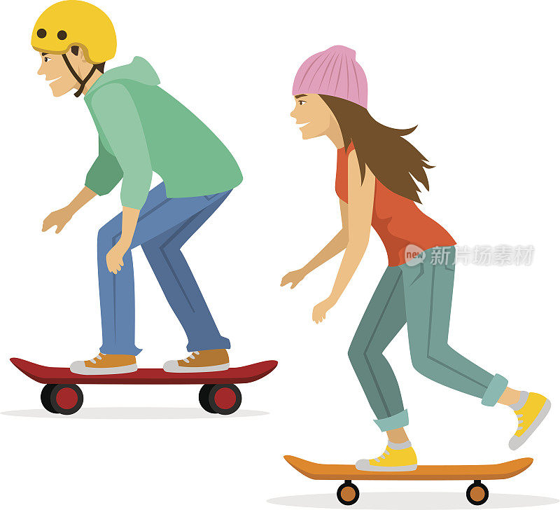 年轻男女玩滑板。孤立的矢量图