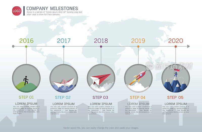 里程碑时间线信息图设计模板，图表，图表和其他矢量元素，可以用于项目管理中的里程碑，以标记项目时间线上的特定点。