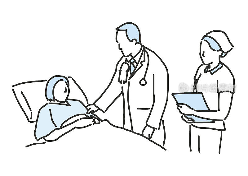 医生正在给病人治疗。画线。手绘。矢量插图。
