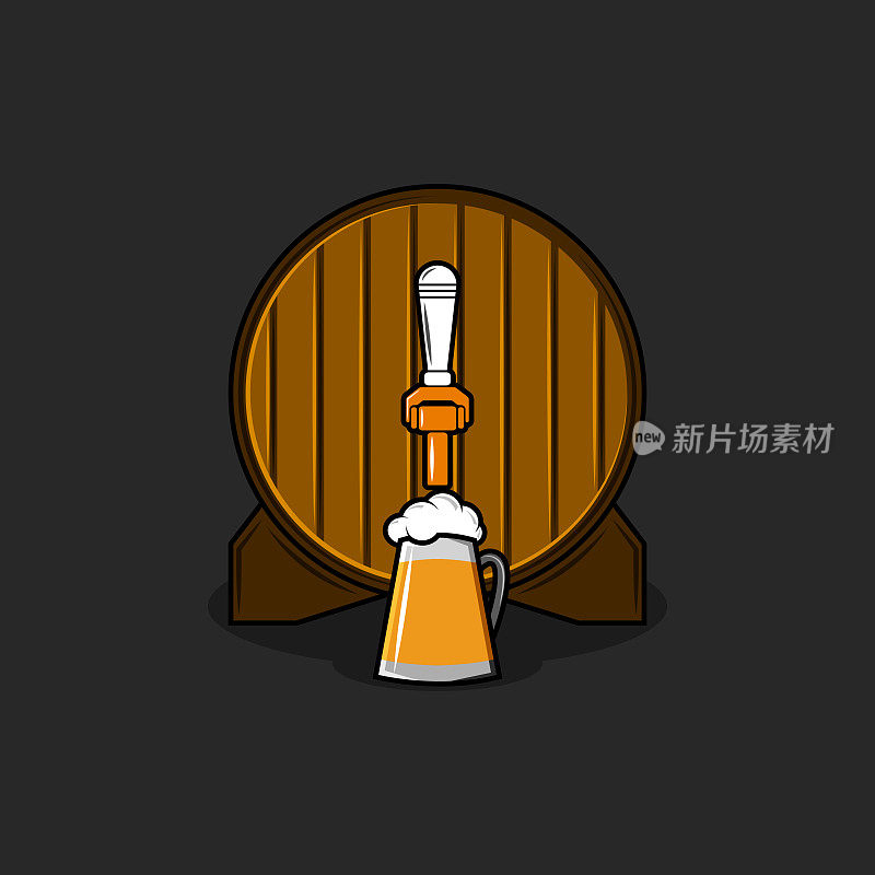 啤酒厂标志模型，旧木桶与青铜水龙头和玻璃杯与啤酒泡沫，前面圆形桶视图孤立在黑色背景