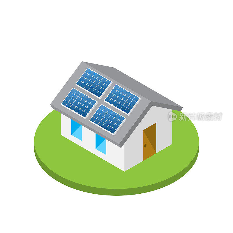 简单的等距房屋与太阳能屋顶板