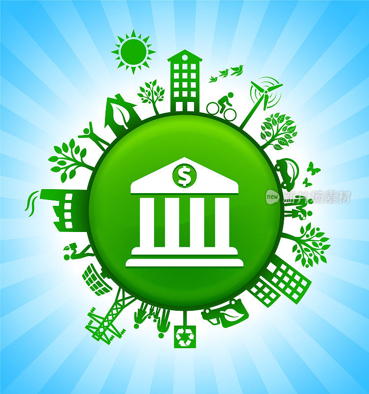银行环境绿色按钮背景在蓝天