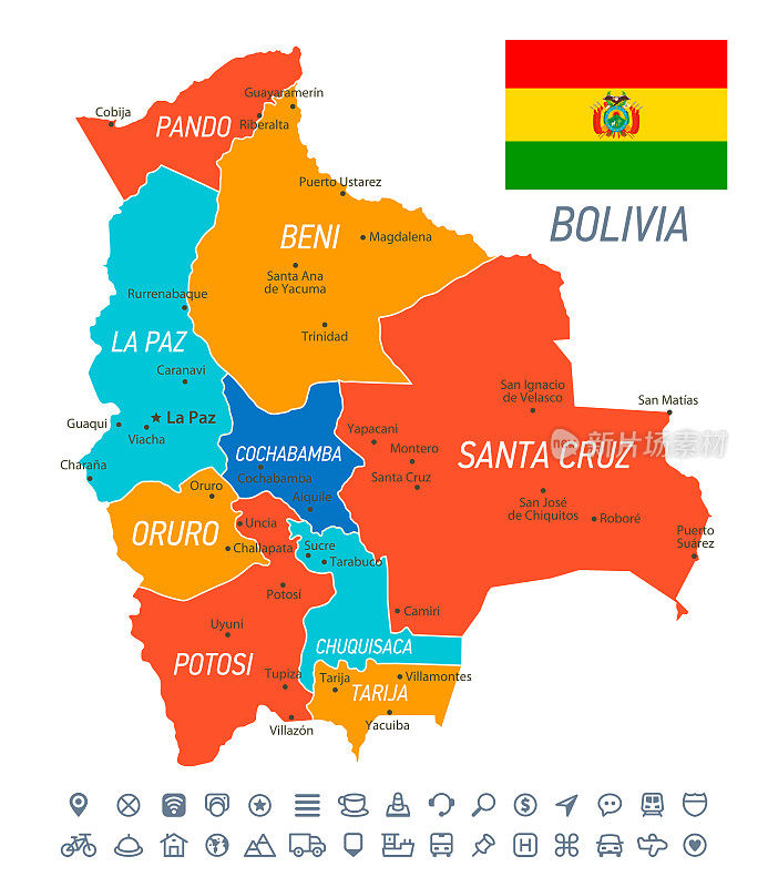 玻利维亚的地图。矢量地图与边界，国旗和导航图标
