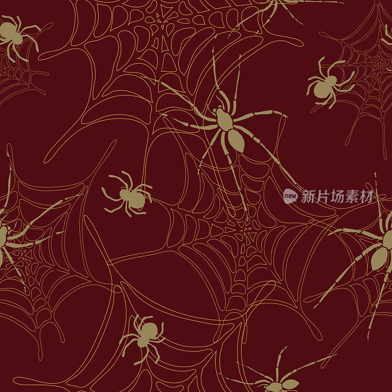 蜘蛛和蜘蛛网无缝图案上的深红色背景。