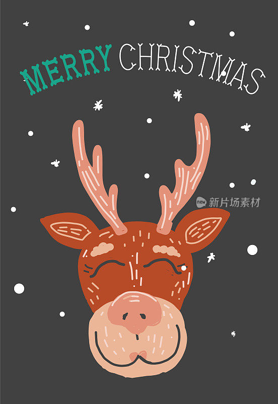 彩色手绘圣诞快乐贺卡可爱的驯鹿