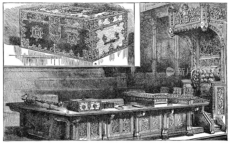英国伦敦英国下议院维多利亚议院的公文箱和议长椅――19世纪