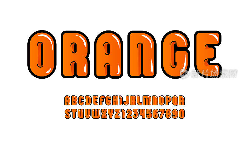 多汁光滑的字体，橙色液体字母在卡通风格，明亮的圆形字母从A到Z和数字从0到9为您设计:标志，t恤，卡片，海报，矢量插图10EPS