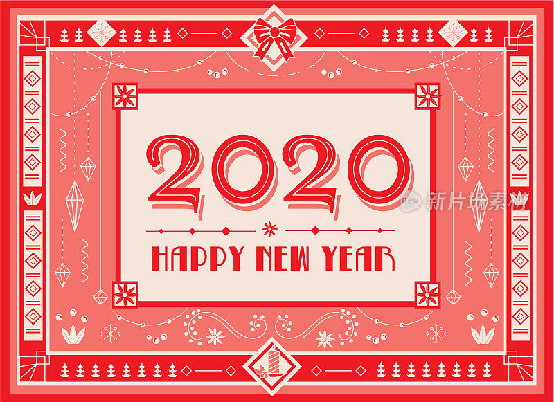 艺术装饰2020快乐新年设计模板与详细的装饰品和珠子