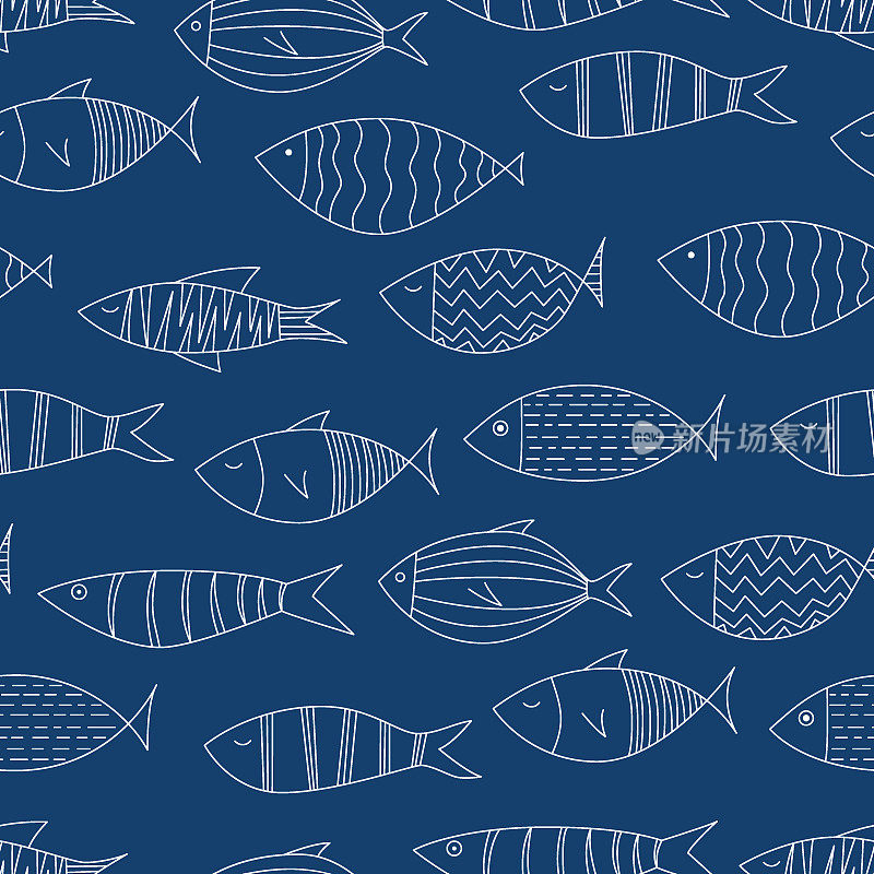 海军蓝背景上的白色鱼类-无缝图案