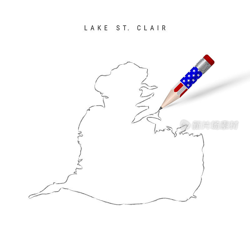 圣克莱尔湖矢量地图铅笔素描。圣克莱尔湖的轮廓地图与美国国旗颜色的铅笔