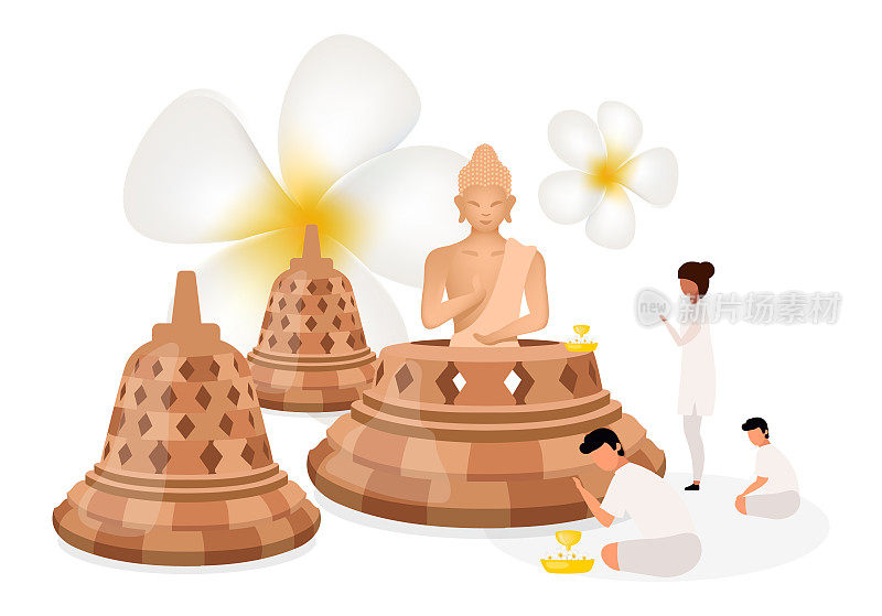 敬拜地点平面矢量插图。佛宗教雕塑。印尼宗教。佛教。冥想的人。男性和女性孤立的卡通人物在白色的背景