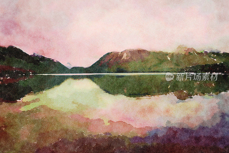 湖泊反射和地平线的水彩插图