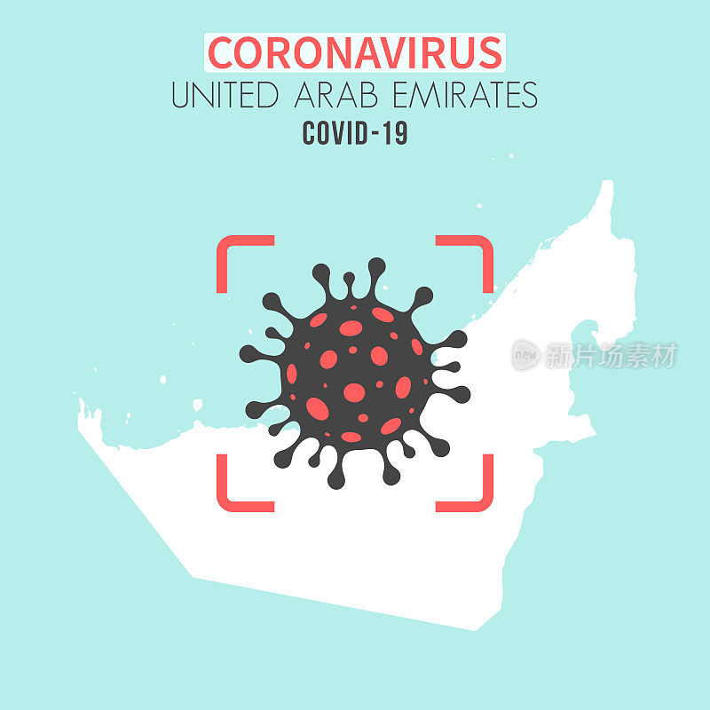 阿拉伯联合酋长国地图，红色取景器中有冠状病毒细胞(COVID-19)