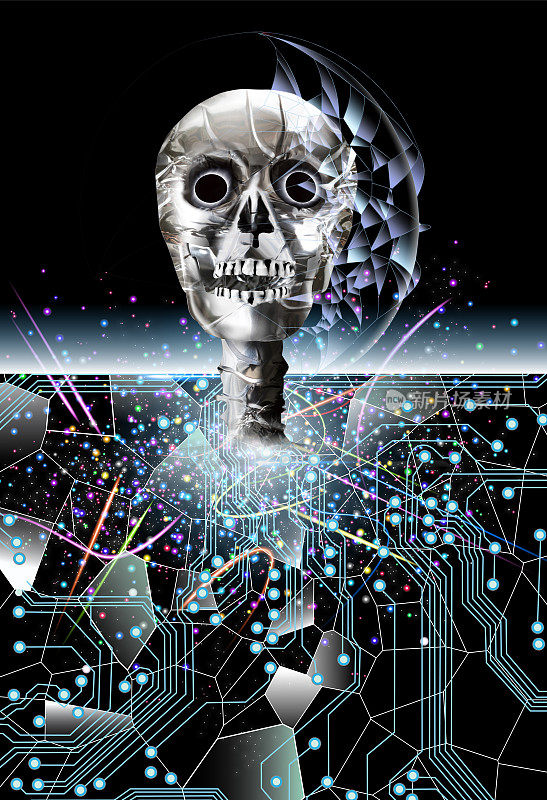 人工智能机器人金属头骨和左脑扫描数据。身体与复杂的电子电路相连。