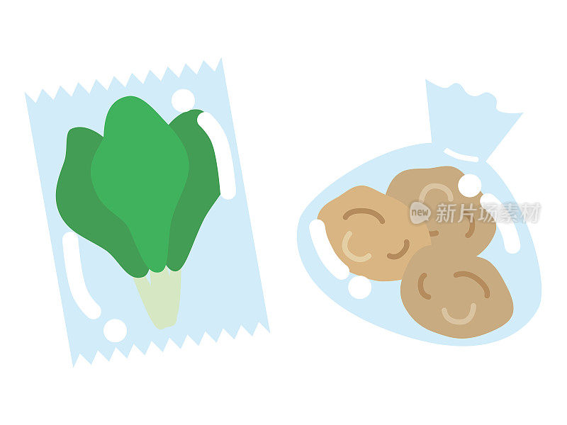 用塑料袋包装的土豆和绿色蔬菜的插图。