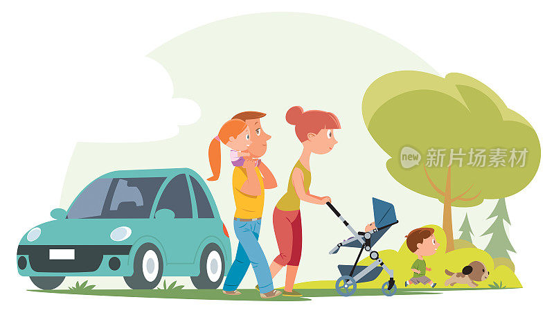 幸福的一家人在公园散步。妈妈，爸爸，儿子和女儿在公园里散步，背景是自然和天空。年轻美丽的家庭。