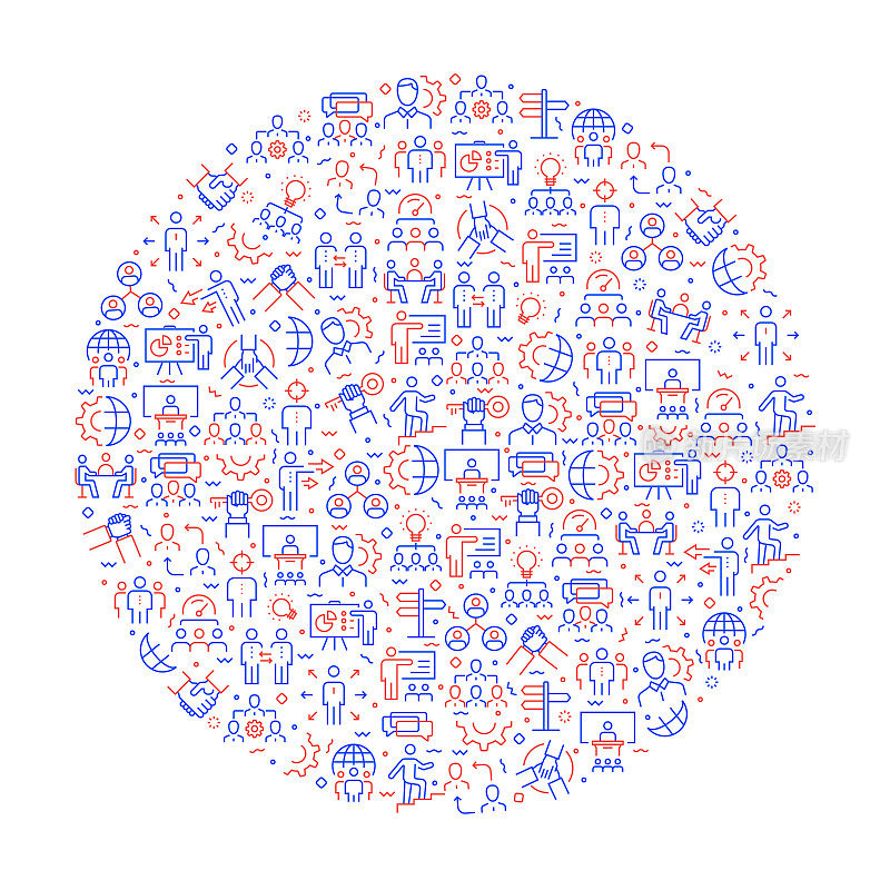与图标相关的业务人员模式。现代线条风格矢量插图