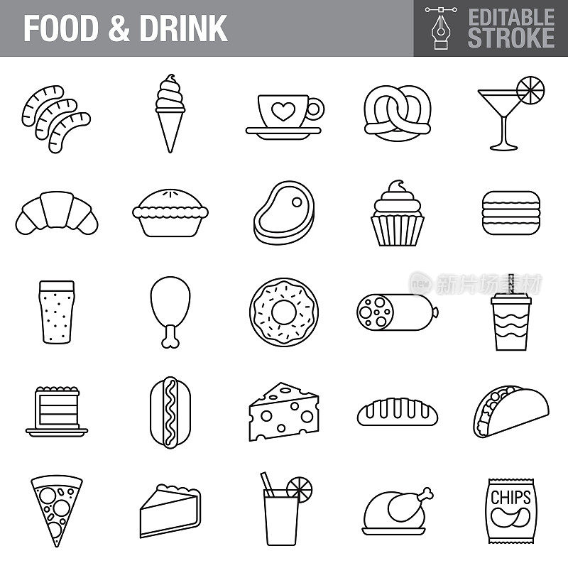 食物和饮料可编辑的描边图标设置