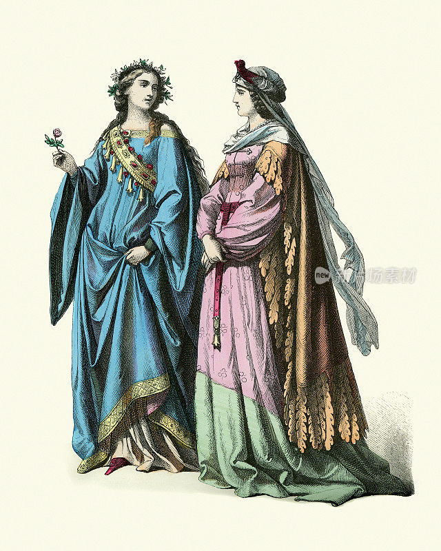 15世纪时期的服饰，德国贵族妇女的时装，长袍
