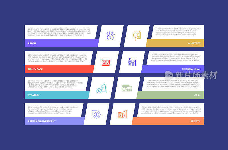 信息图表设计模板。利润，分析，钱回，财务计划，战略，现金，投资回报，增长图标8个选项或步骤。