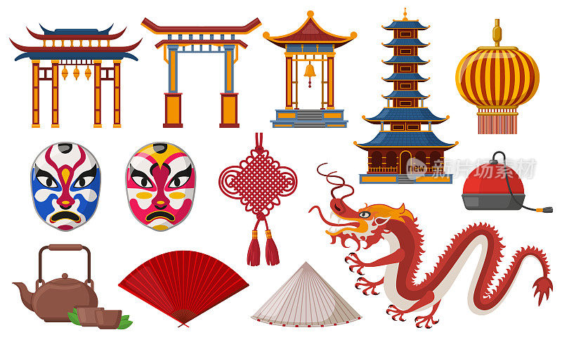中国传统元素。亚洲文化传统符号，宝塔，灯笼和龙孤立矢量插图集。中国东方图标