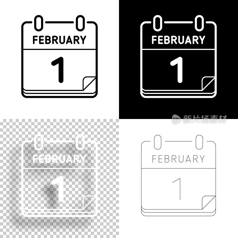 2月1日。图标设计。空白，白色和黑色背景-线图标