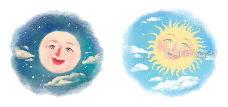 日日夜夜的插画。手绘的圆形横幅，上面画着一个微笑的太阳和一个微笑的月亮，被云框起来