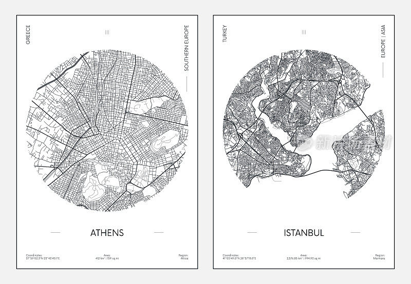 旅游海报，城市街道规划，城市地图雅典和伊斯坦布尔，矢量插图