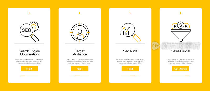 搜索引擎优化概念Onboarding移动应用程序页面屏幕与平面图标。UI设计模板矢量插图