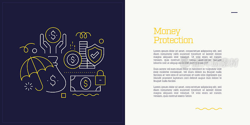 向量集说明资金保护概念。线条艺术风格的网页，横幅，海报，印刷等背景设计。矢量插图。