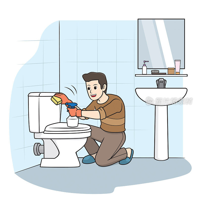 彩色矢量插图的儿童活动着色书页与图片的男人做家务干净的镜子。