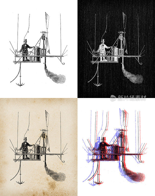 科学发现的古玩插图，气球，热气球和飞艇概念设计