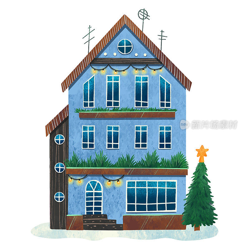 圣诞彩色插图的房子与蓝色正面斯堪的纳维亚打印与圣诞树和装饰灯和灯笼