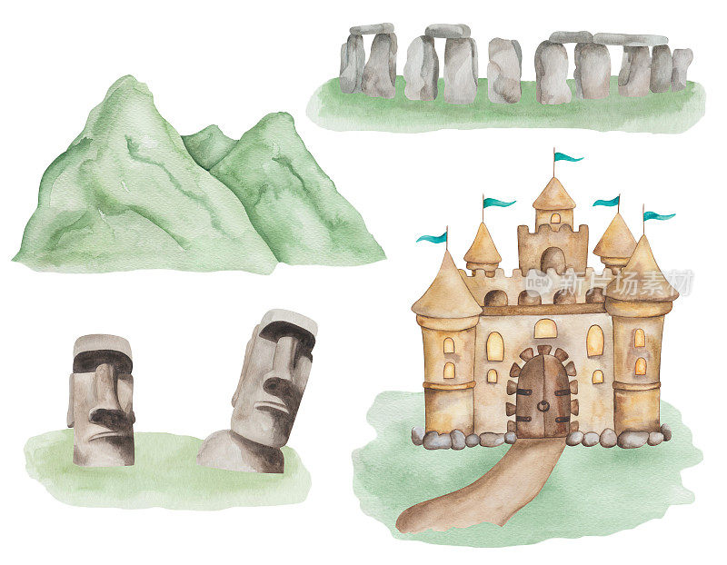水彩插图手绘城堡，堡垒，宫殿，复活节岛的摩埃石像，英国的巨石阵纪念碑。王国城堡