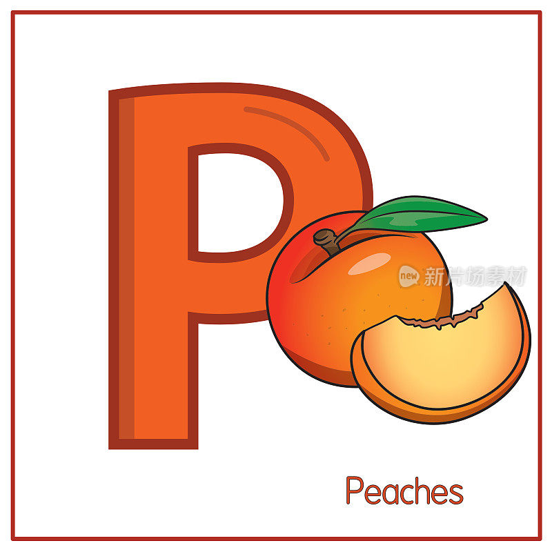 矢量插图的桃子与字母P大写字母为儿童学习实践ABC