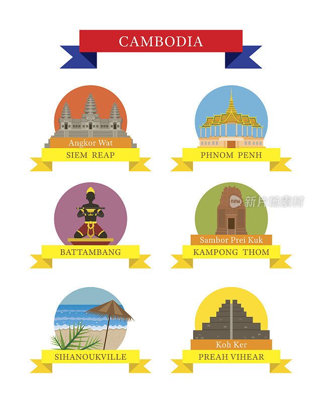 柬埔寨省和地标图标集