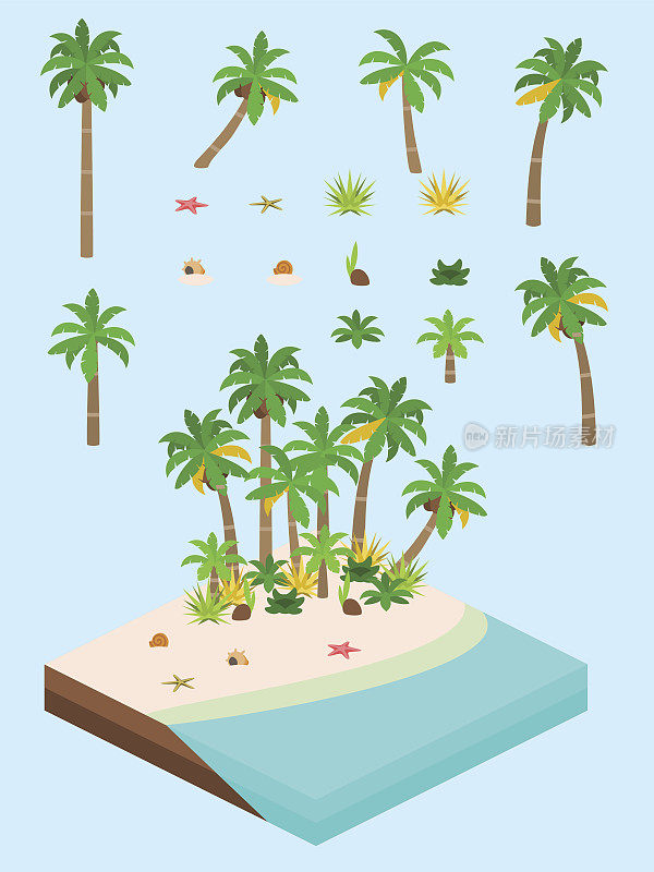 视频游戏类型的等距海滩植被设置