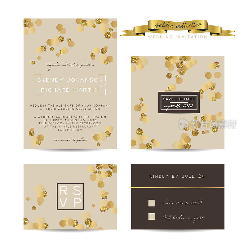 优雅的婚礼设置与回复和保存的日期卡，装饰着金色的闪光。