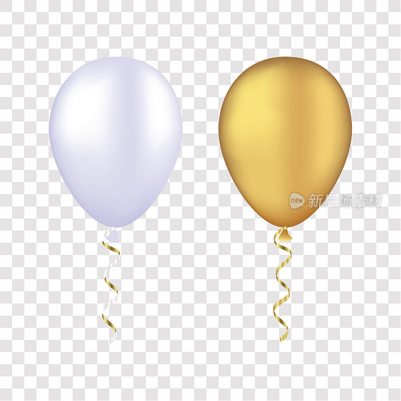 向量白色和金色气球在透明的背景。3d现实的快乐假期飞行空气氦气球