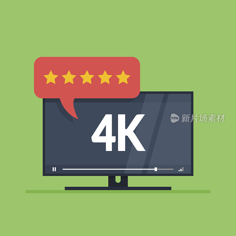 平板电视与4k超高清视频技术。用户评论在评分形式与星在讲话泡沫。矢量插图孤立在绿色背景上。