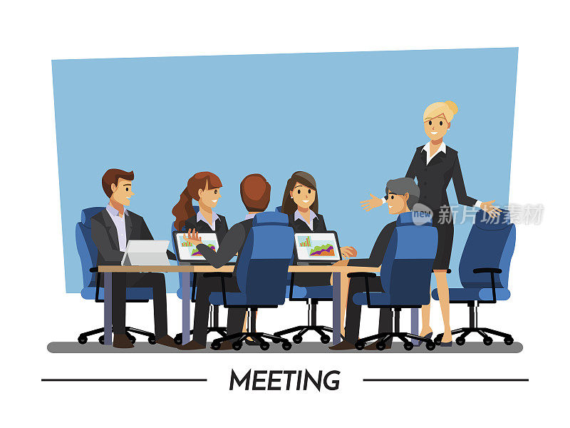 办公室办公桌，团队规划和工作，矢量插图卡通人物。