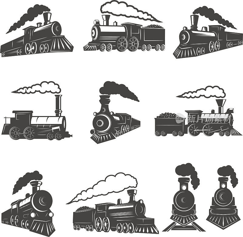 一组孤立在白色背景上的老式火车。设计元素为标签，品牌标志，标志，海报。矢量图